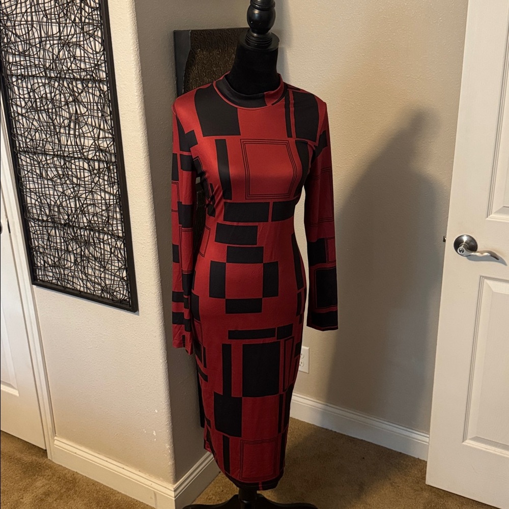 Geometric Red and Black Long Sleeve Dress
